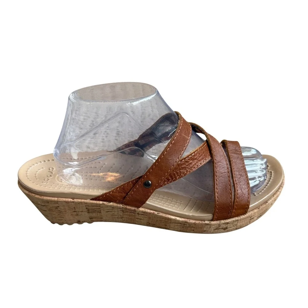 Crocs A-Leigh Cork Wedge Sandals Brown Leather Strap Slip On Slide Women's Sz 10